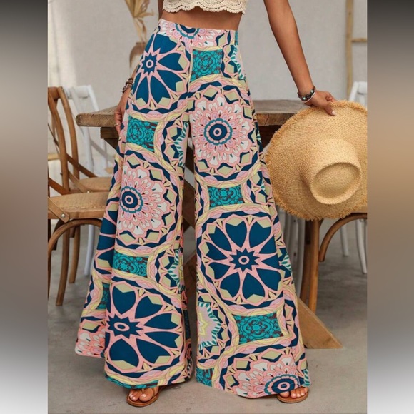Boho floral mandala print wide leg palazzo pants - Picture 1 of 6